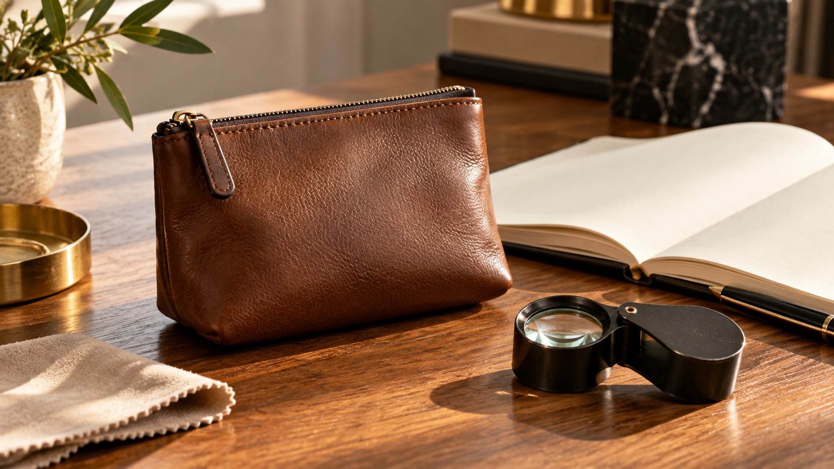 An unbranded leather pouch with a loupe and blank notebook on a desk. — AI-generated illustration