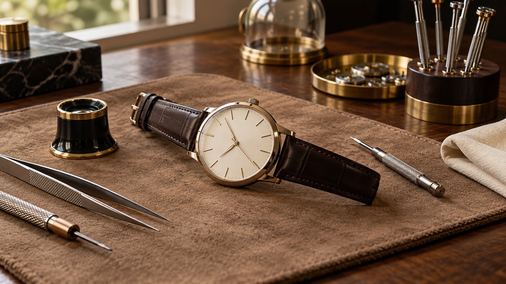 An unbranded watch, loupe and watch tools arranged on a watchmaker’s workbench. — AI-generated illustration