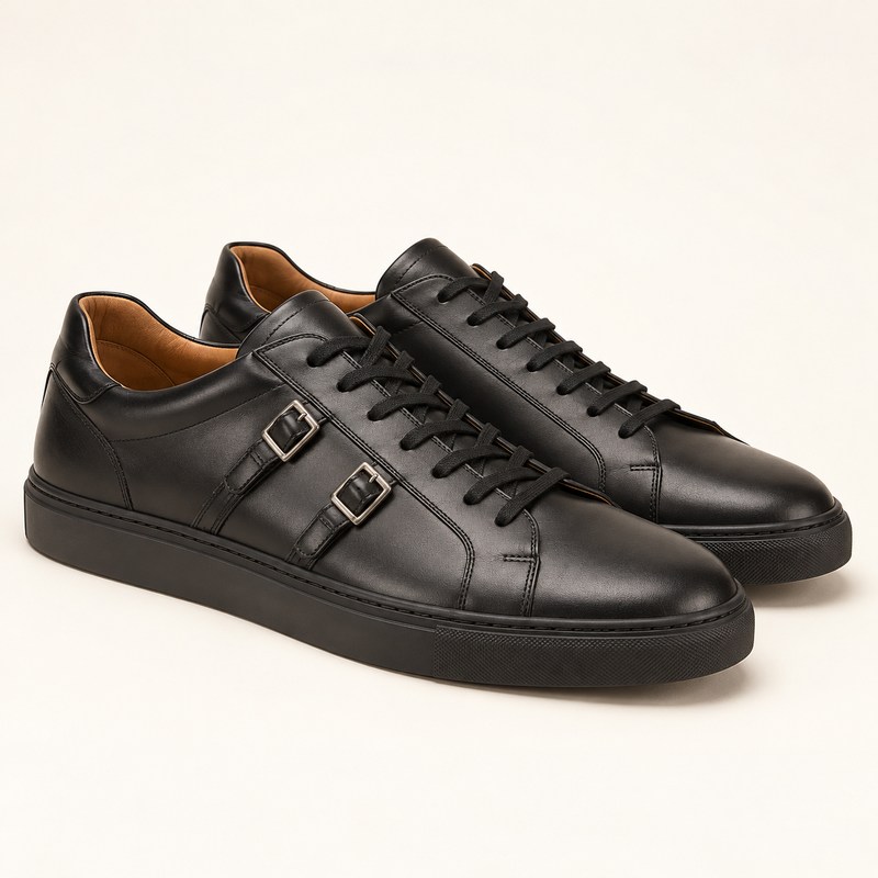 Santoni — Men's black leather Double Buckle Sneaker — Иллюстрация, созданная ИИ
