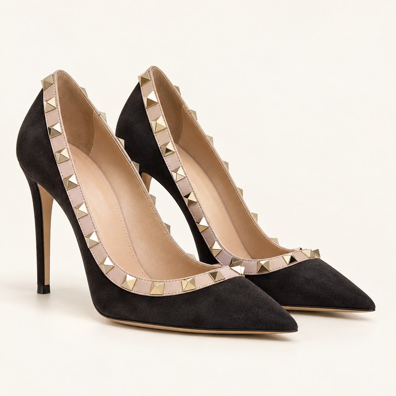 Rockstud Suede Pumps 100mm — Ebony — AI से निर्मित चित्र