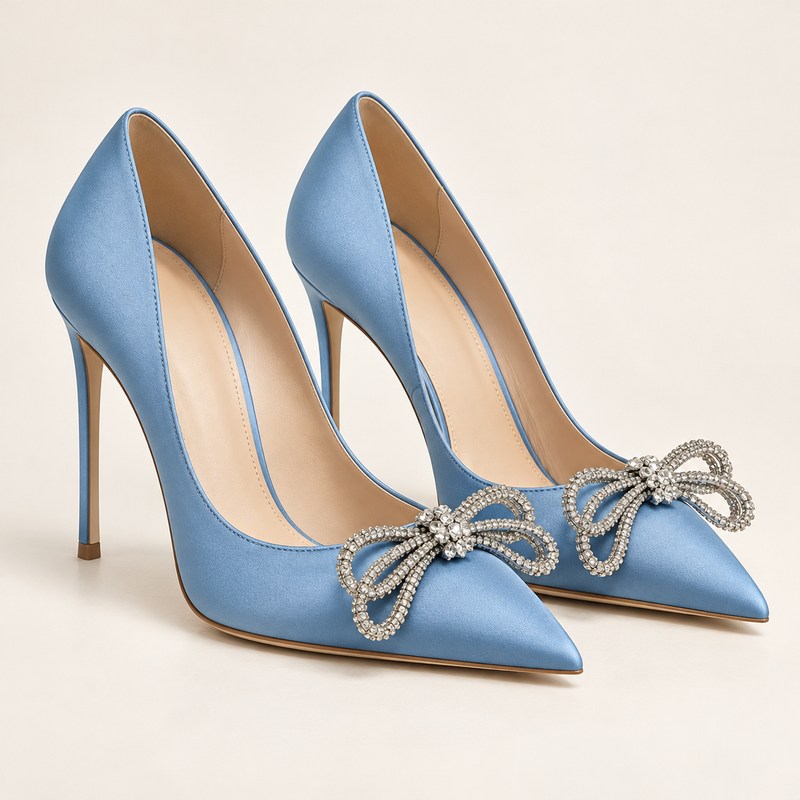 Double Bow Satin Pumps — Ocean Blue — AI से निर्मित चित्र